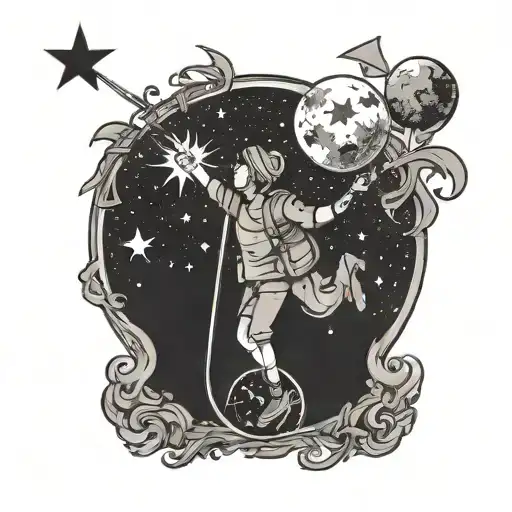 A whimsical illustration of a student's journey towards their goals, with the North Star guiding their path, depicted in a black and grey style tattoo design idea