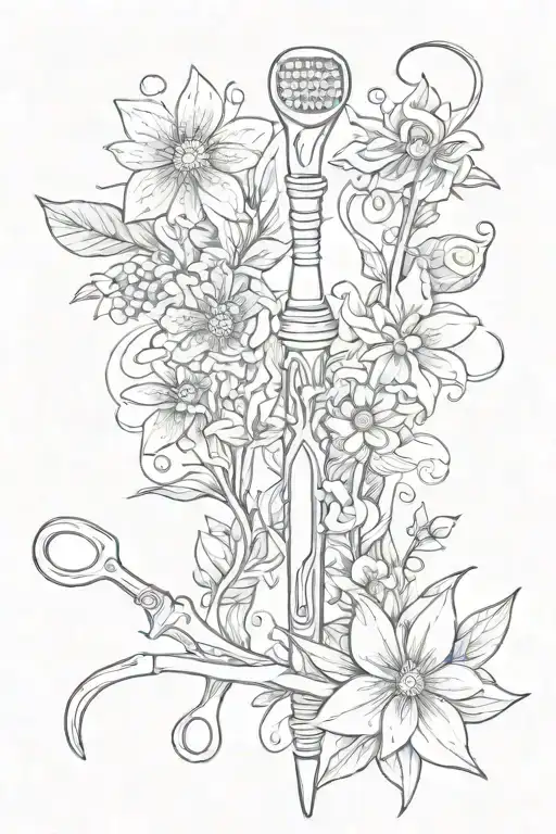 A sketch of a dental tool intertwined with ocean waves and flowers, symbolizing the client's passion for oral medicine and nature tattoo design idea