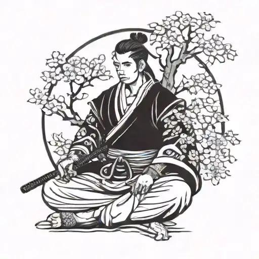 A samurai warrior meditating under a cherry blossom tree with a catana sword by his side tattoo design idea