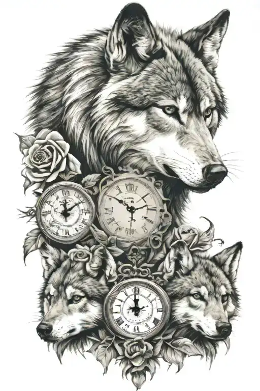 a wolf with 2 pups, 2 clocks hands set at 07.02 on one and 2nd has hands set to 15.45. with a rose  tattoo design idea