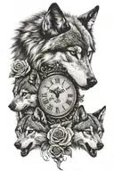 a wolf with 2 pups, 2 clocks hands set at 07.02 on one and 2nd has hands set to 15.45. with a rose  tattoo design idea