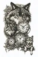 a wolf with 2 pups, 2 clocks hands set at 07.02 on one and 2nd has hands set to 15.45. with a rose  tattoo design idea