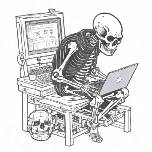 skeleton hacker sat at computer tattoo design idea