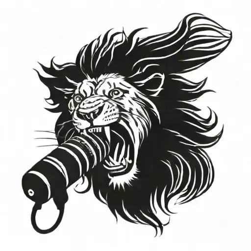 A lion roaring in a microphone, symbolizing strength and power in music tattoo design idea