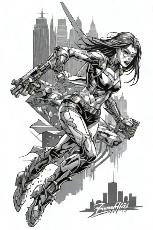 A cinematic tattoo design of your daughter as a superheroine battling villains in a futuristic cityscape tattoo design idea