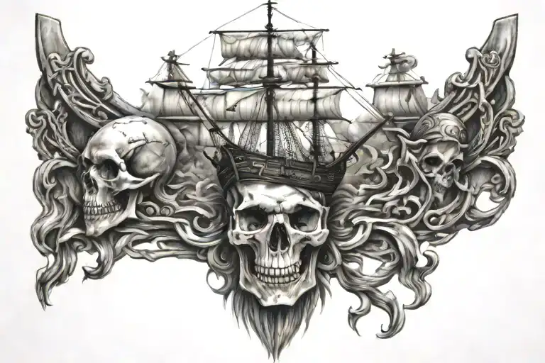 ship and viking skull tattoo design idea