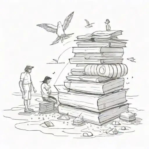 An accountant balancing books on a beach, surrounded by symbols of failed relationships and three children playing tattoo design idea