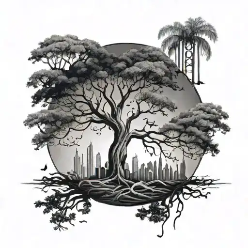 A majestic tree with roots shaped like the Dubai skyline, surrounded by dogs playing in nature tattoo design idea