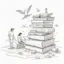 An accountant balancing books on a beach, surrounded by symbols of failed relationships and three children playing tattoo design idea