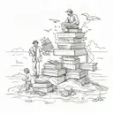 An accountant balancing books on a beach, surrounded by symbols of failed relationships and three children playing tattoo design idea