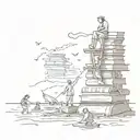 An accountant balancing books on a beach, surrounded by symbols of failed relationships and three children playing tattoo design idea