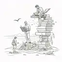 An accountant balancing books on a beach, surrounded by symbols of failed relationships and three children playing tattoo design idea