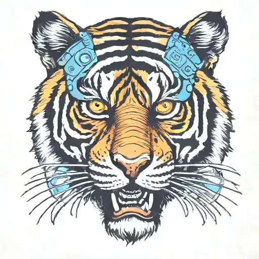 Americana tattoo of a roaring tiger with night vision goggles   tattoo design idea