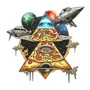 Illuminati pyramid, spaceship and pizza, planet tattoo design idea