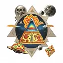 Illuminati pyramid, spaceship and pizza, planet tattoo design idea