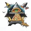 Illuminati pyramid, spaceship and pizza, planet tattoo design idea