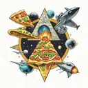 Illuminati pyramid, spaceship and pizza, planet tattoo design idea