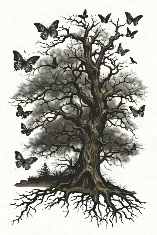 leafless tree with butterflys souronding tattoo design idea