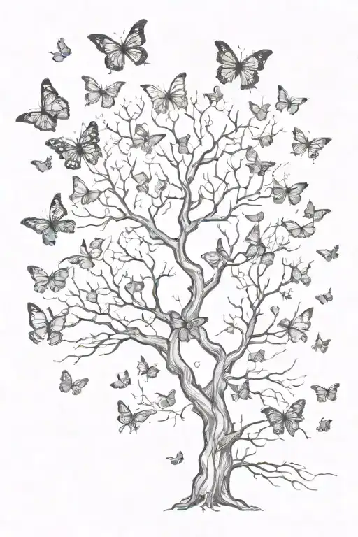 leafless tree surrounded with butterflies  tattoo design idea