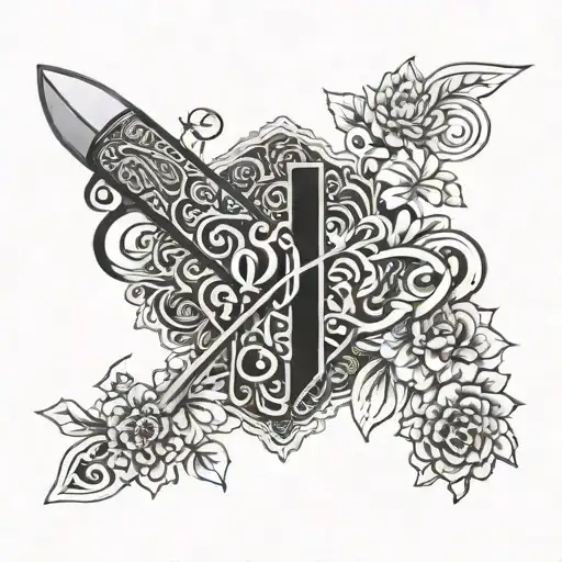 A blackwork tattoo of a vintage switchblade knife with intricate floral patterns, wrapped in a white bandana with the initials 'SDH' embroidered on it tattoo design idea