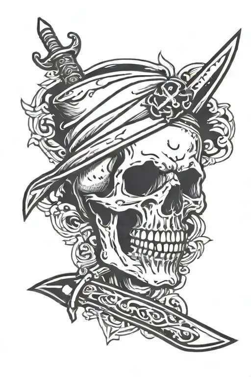 A blackwork tattoo of a stylized dagger piercing through a white bandana, with a skull and crossbones motif in the backg tattoo design idea