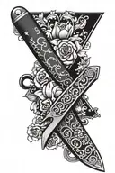 vintage switchblade knife with intricate floral patterns, wrapped in a white bandana with the initials 'SDH' on it tattoo design idea