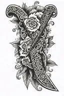 vintage switchblade knife with intricate floral patterns, wrapped in a white bandana with the initials 'SDH' on it tattoo design idea