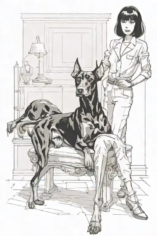 A standing woman with leather clothes and short black hair, a Doberman dog is sitting in front of her feet, and the dog' tattoo design idea
