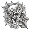 A skull from the front that does not have a lower jaw and the right half of it is the skull of the sun tattoo design idea