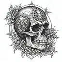 A skull from the front that does not have a lower jaw and the right half of it is the skull of the sun tattoo design idea
