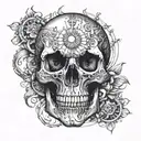 A skull from the front that does not have a lower jaw and the right half of it is the skull of the sun tattoo design idea
