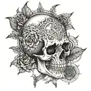 A skull from the front that does not have a lower jaw and the right half of it is the skull of the sun tattoo design idea