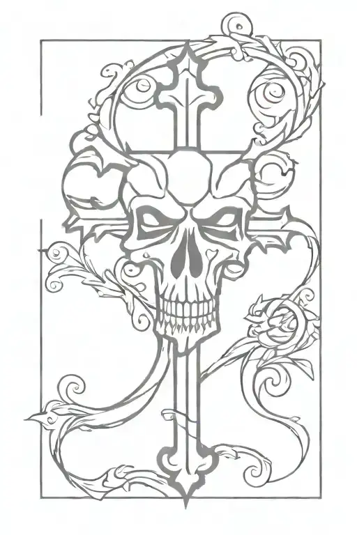 cross with skulls and swirls tattoo design idea