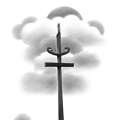 A silhouette of Jesus carrying a cross against a backdrop of clouds tattoo design idea
