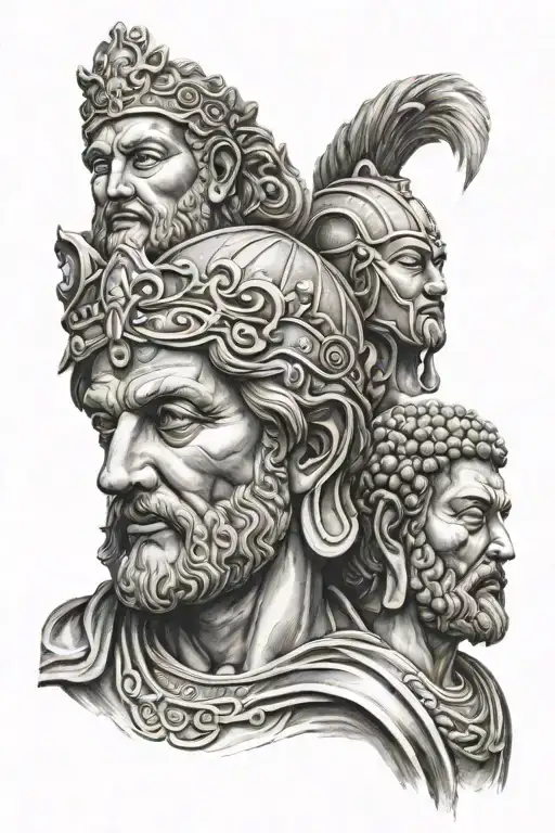 head of roman fighter with head of jesus with head of buddha  tattoo design idea