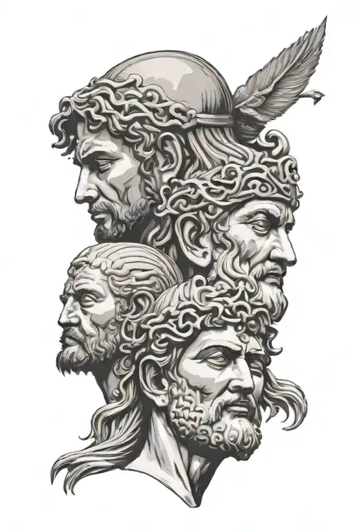 3 heads: head of roman fighter, heads of jesus, head of buddha tattoo design idea
