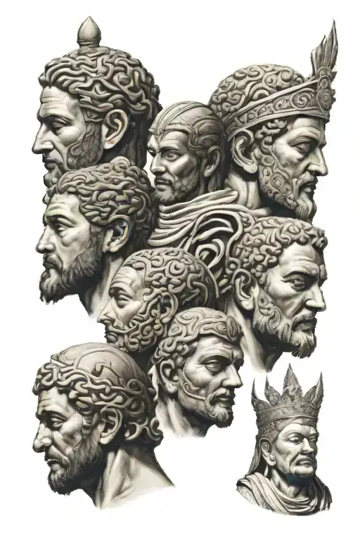 3 heads: 1 head of roman fighter 2 heads of jesus 3 head of buddha tattoo design idea