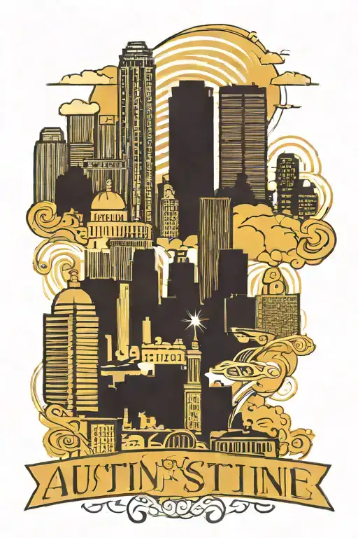 Skyline Silhouette: Start with a simple, elegant silhouette of the Austin skyline, featuring recognizable landmarks like tattoo design idea