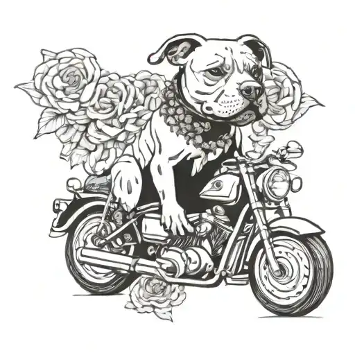 A pitbull riding a motorcycle with a money lei around its neck tattoo design idea