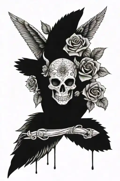 Coyoete skull and roses with angel wings tattoo design idea