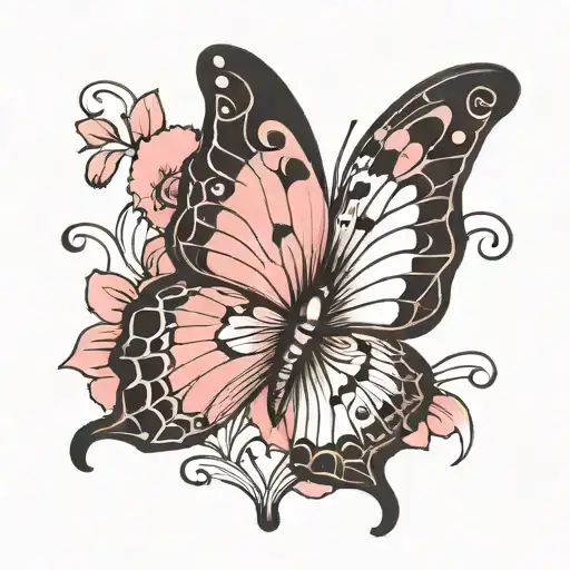 pink with a black and white butterfly with a j tattoo design idea