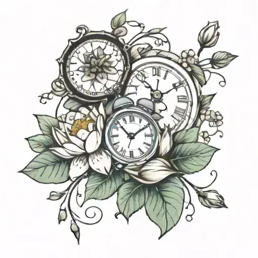waterlily and Hawthorn sprig intertwined with two clocks  tattoo design idea