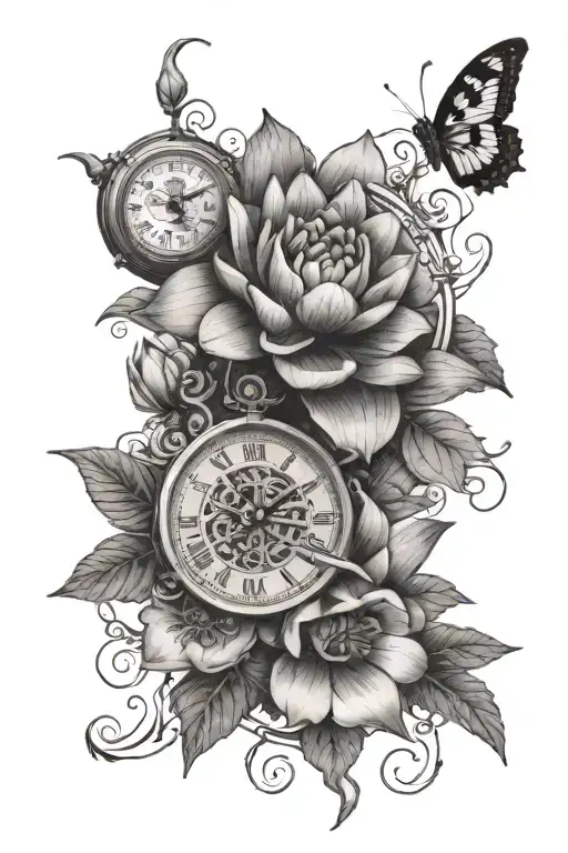 water lily intertwined hawthorn sprig with two clocks and skull  tattoo design idea