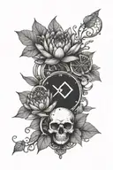 water lily intertwined hawthorn sprig with two clocks and skull  tattoo design idea