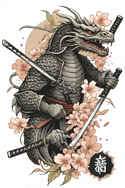 Japan dragon samurai katana with sakura petals tattoo design idea