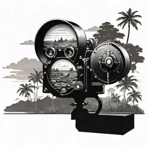 A movie projector projecting images of Bali landscapes onto a mountain backdrop tattoo design idea