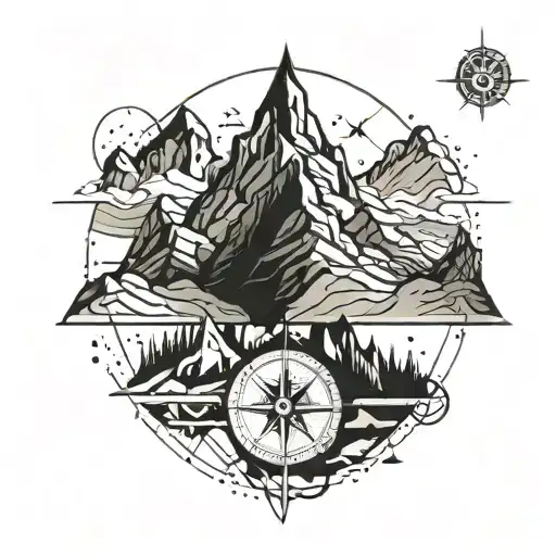 A geometric mountain landscape with a hidden compass rose, symbolizing your love for travel and exploration tattoo design idea