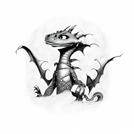 A dragon from 'How to Train Your Dragon' coiled around a microphone, with a Bring Me the Horizon concert poster in the background tattoo design idea