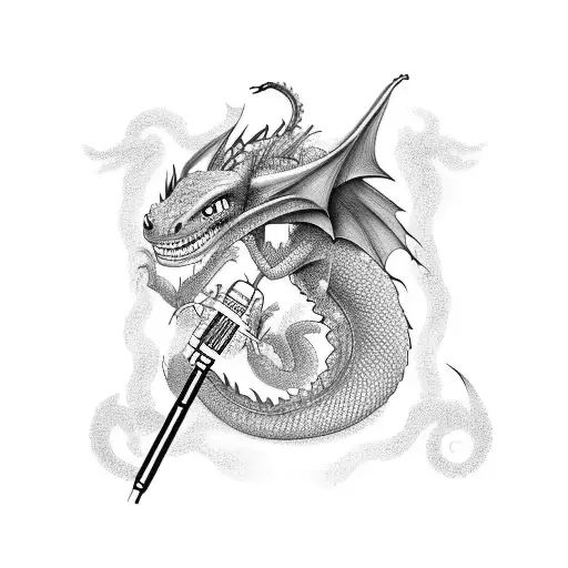 A dragon from 'How to Train Your Dragon' coiled around a microphone, with a Bring Me the Horizon concert poster in the background tattoo design idea