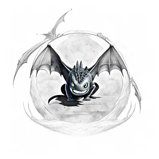 A minimalist design of a dragon from 'How to Train Your Dragon' in a sketch style, with a Bring Me the Horizon symbol subtly integrated into its scales tattoo design idea